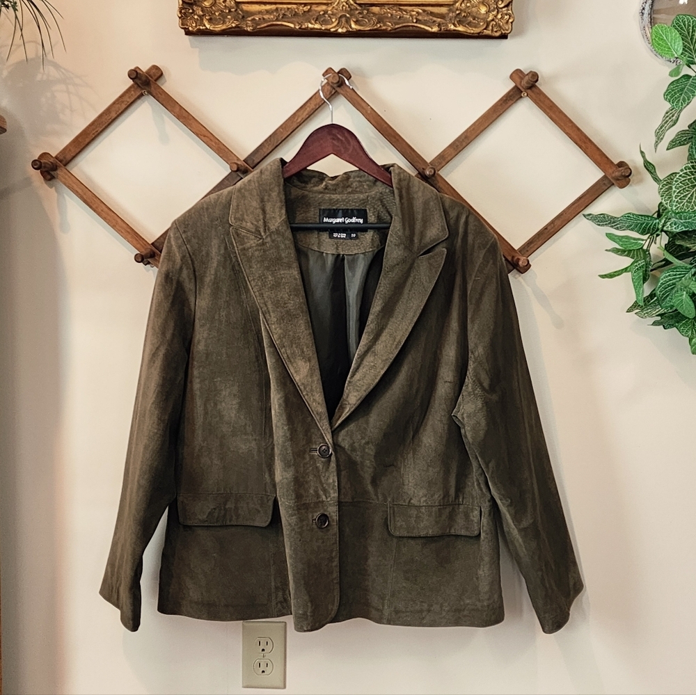 VTG Leather Jacket Womens Plus 22 Olive Green Suede Jacket Shacket Fall Blazer